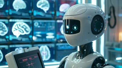 Fototapeta premium Advanced robot analyzing brain scans on multiple displays