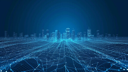 Blue computer screen, city skyline mixed with graphs and data. Technology, future, ai, data processing