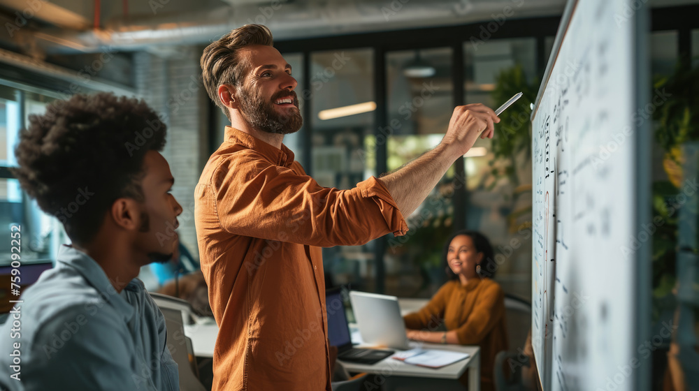 Poster man presenting or explaining something in front of a whiteboard with various colorful charts, diagra