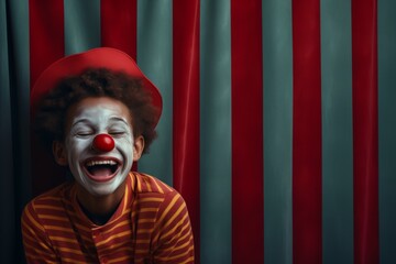 boy laughing with clown paint on his face while a curtain , dark red and gray
