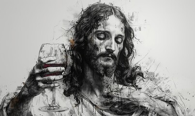 Jesus Christ with a glass of red wine in his hand, wine is a symbol of the blood of Jesus Christ, digital illustration