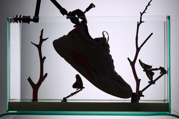 Innovative Shoe Display With Butterfly Accents in Modern Showcase