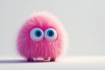 Cute fluffy pink monster on gray background - obrazy, fototapety, plakaty
