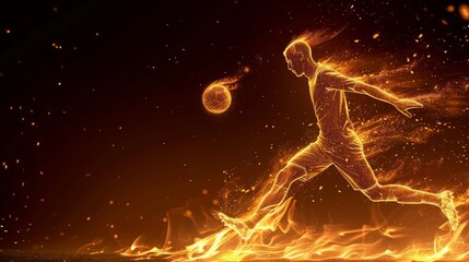 Fiery soccer player kicking a ball of energy, depicted in vibrant orange hues - obrazy, fototapety, plakaty