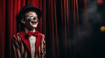 boy laughing with clown paint on his face while a curtain , dark red and gray
 - obrazy, fototapety, plakaty