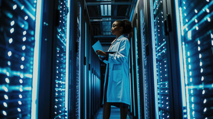 Focused IT professional using a laptop while standing in a server room with racks of network equipment illuminated by blue lights