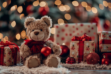 merry christmas postcard design with teddy bear and gift box red.AI generated