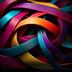 Colorful and colorful intertwined ribbons on dark background, high resolution, highly detailed, sharp focus, top view, closeup, abstract, geometric shapes, 1:1.