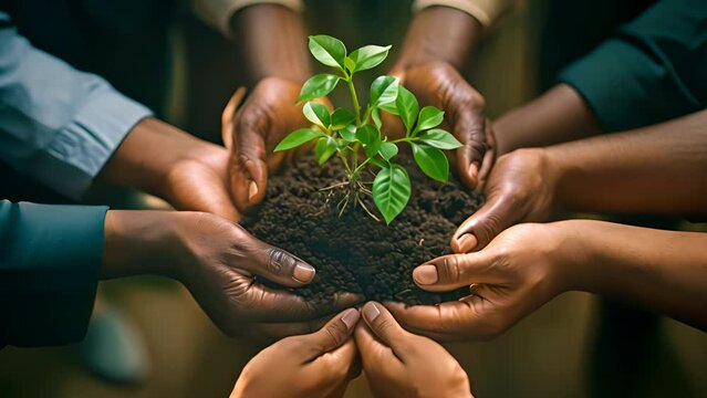 Plant, sustainability and earth with hands of business people for teamwork.