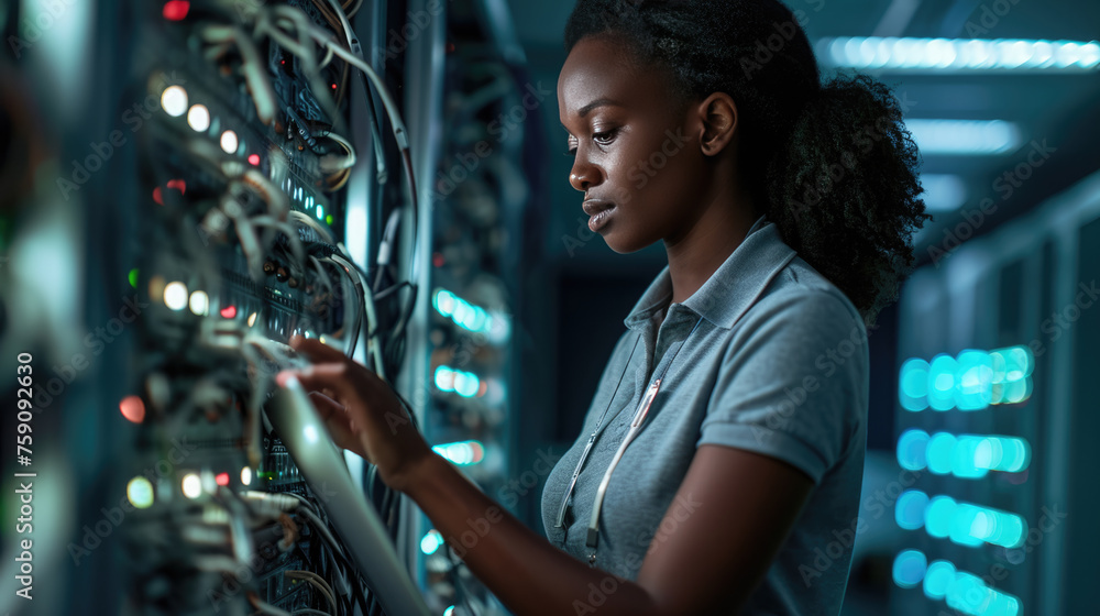Aufkleber focused it professional using a laptop while standing in a server room with racks of network equipme