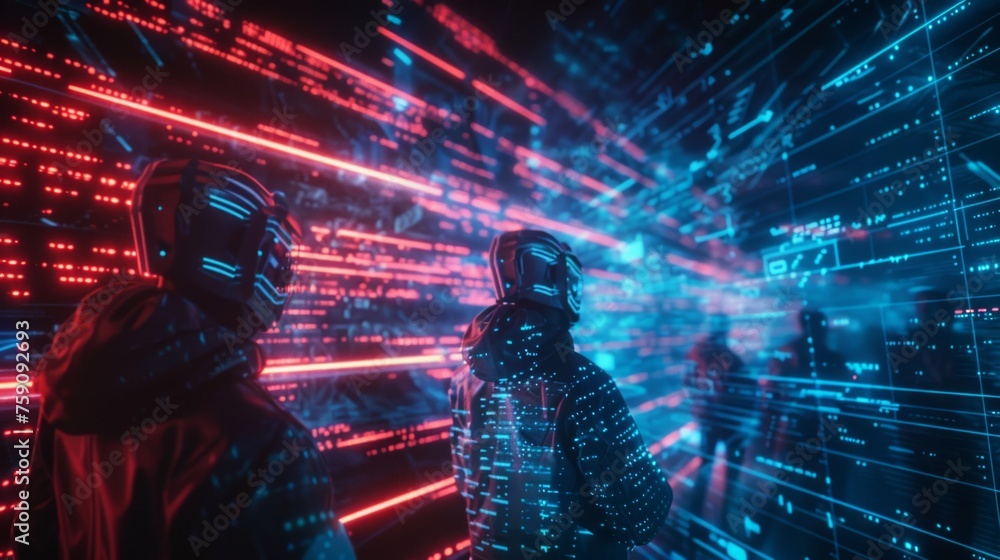 Aufkleber people in a virtual reality setting with dynamic red and blue light streams