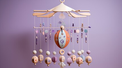 A delightful baby mobile featuring whimsical shapes hanging above a crib on a soft lavender background.