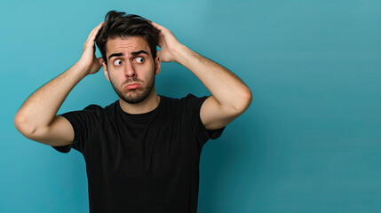 Worried man wearing black shirt. on pastel blue background