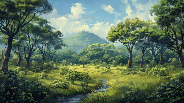 Tropical Summer Forest With River Painting Landscape