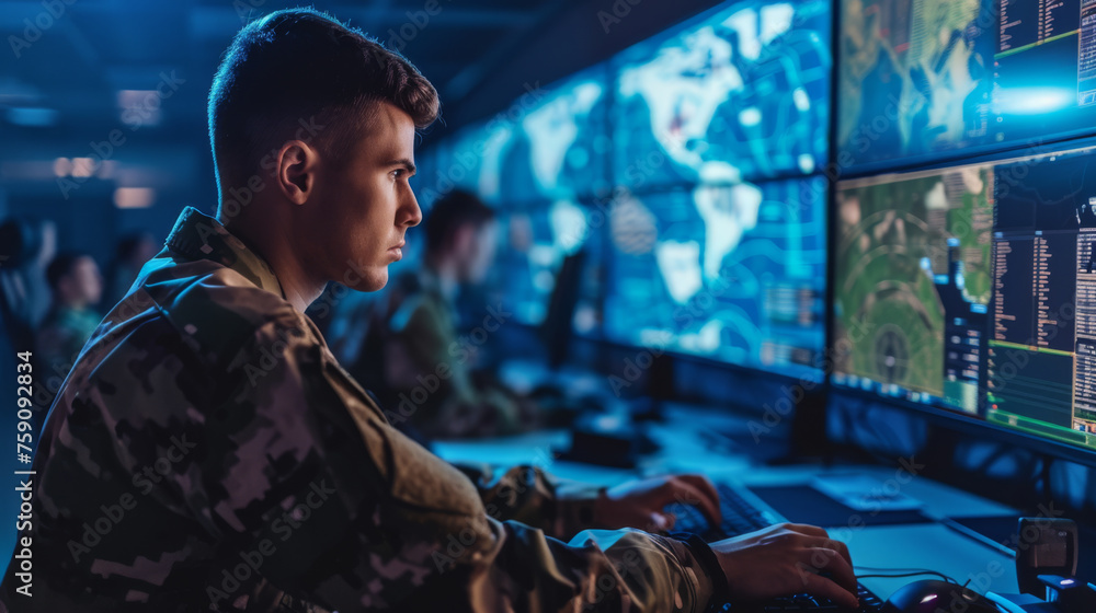 Poster military personnel is focused on monitoring multiple computer screens in a high-tech surveillance ro