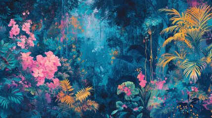 Blue Forest Night With Flowers