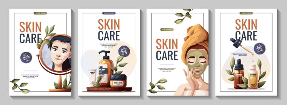 Set of flyers with woman, cosmetics, beauty products. Beauty, skin care, cosmetic, spa, shower concept. Vector illustration for banner, card, advertising.