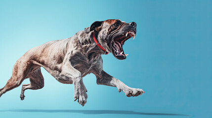 Angry leaping dog in the air isolated on pastel blue background