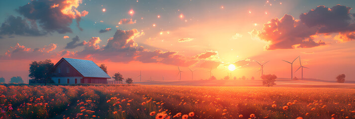  landscape freedom scene beautiful nature wallpaper , A farm house in a wheat field with a sunset in the background.