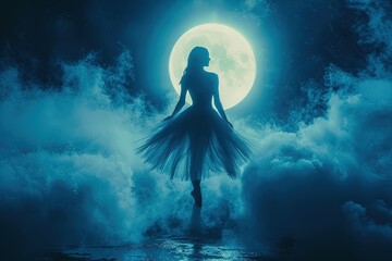 A ballerina dancing on the clouds at night. - obrazy, fototapety, plakaty
