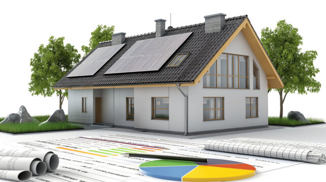 3D house figure with solar panels on the roof and invoice audit documents on the table, energy and money saving concept