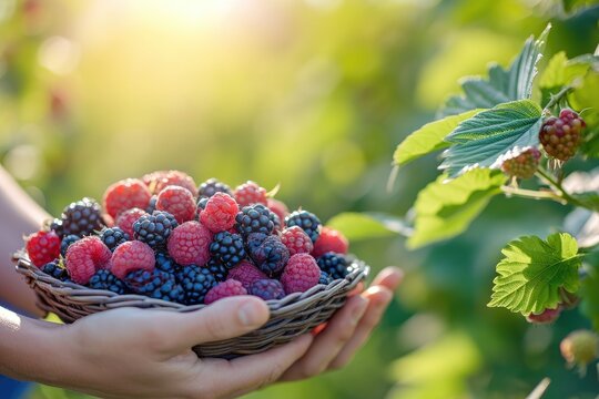 Summer berry picking in hand and bucket
