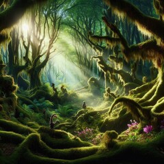 Dive into the depths of an enchanted forest, where sunlight filters through the lush canopy, casting dappled shadows on the forest floor. Moss-covered trees stand tall, their branches reaching towards