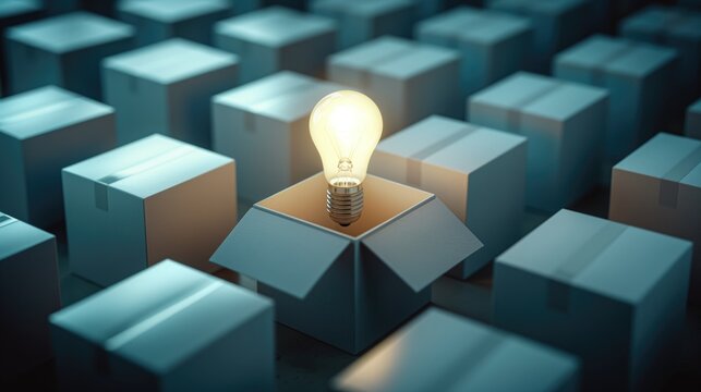 Closeup one opened box with idea light bulb glowing among square carton boxes