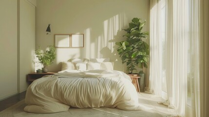 Sleek Scandinavian bedroom design featuring soft colors, abundant light, plush textiles, and vibrant plants for a clean, fresh ambiance