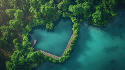 Aerial view of a forest with a heart-shaped lake and pier - Powered by Adobe
