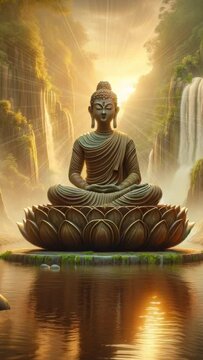 Buddha background, Majestic Bhuda Statue in a Stunning View with Sun Rays water
