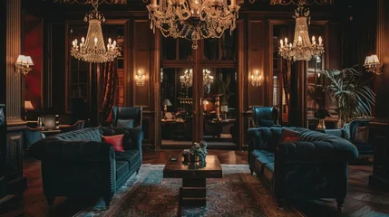 Tapeten Step into grandeur with ornate chandeliers, sumptuous velvet seating, luxe wood details, and noble hues, all aglow in ambient lighting © cvetikmart