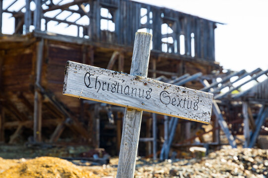 Sign of Christian Sextus copper iron mine as part of the Unesco heritage R&oslash;ros in Norway