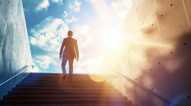 Rear view of a businessman climbing up stairs