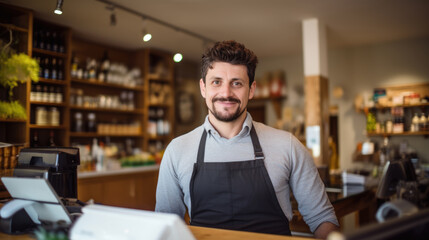 A smiling male cashier in a retail grocery store stands at the checkout counter with a point-of-sale system, dressed in a uniform with an apron and suspenders, ready to assist customers.