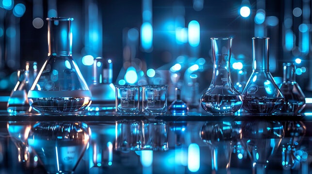 An atmospheric image of laboratory glassware arranged on a reflective surface, creating an artistic composition of shapes and reflections. 8K