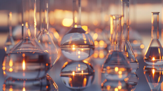 An atmospheric image of laboratory glassware arranged on a reflective surface, creating an artistic composition of shapes and reflections. 8K