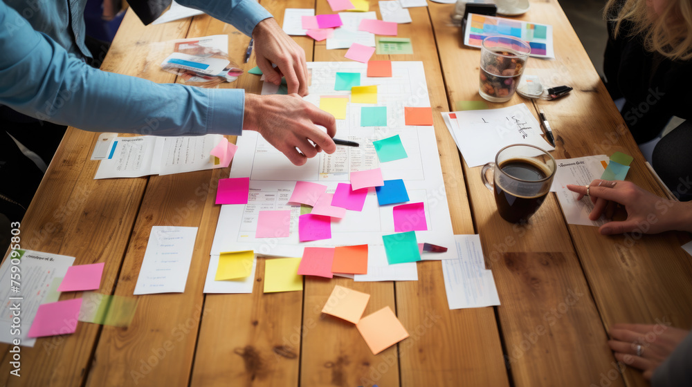 Poster close-up of a busy brainstorming session with multiple hands, colorful post-it notes, and documents 