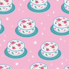 Seamless pattern with cute floral cakes. Birthday or wedding cakes with roses. Vector flat background