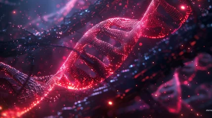Foto op Plexiglas Glowing red DNA strands spiraling in a digital microcosm © flashmovie