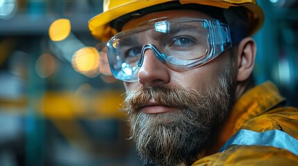 Fototapeta premium Worker Wearing Safety Goggles and Hard Hat