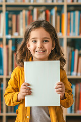 Portrait of a happy child hiding behind a book mockup education concept
