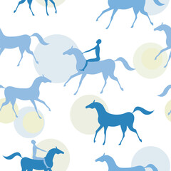 Seamless pattern with horses, man riders and abstract circles on transparent background. Vector color  image.