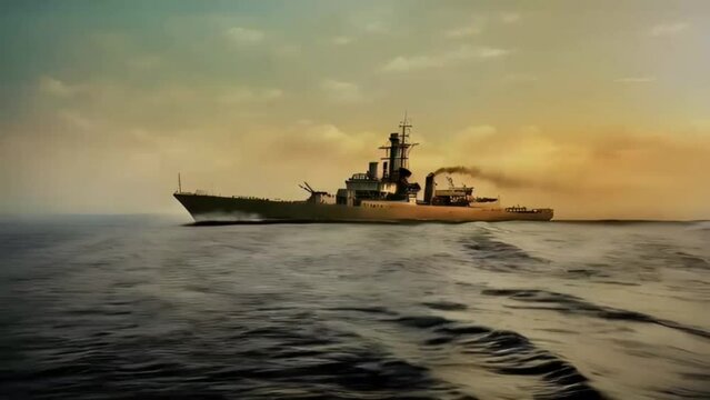 Wide shot A vintage ship sailing in the middle of the ocean. Suitable for colombus day videos etc.