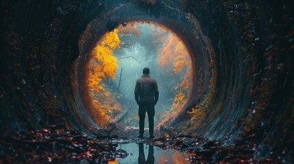Man Standing in Middle of Tunnel