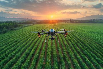 Drones monitor the growth status of crops and the occurrence of pests and diseases in vast vegetable fields from above. Agriculture concept. - obrazy, fototapety, plakaty