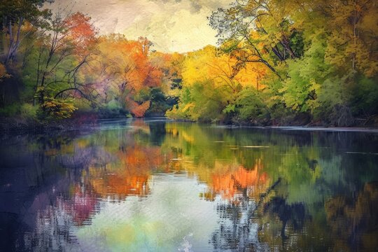 Watercolor painting by the river photography