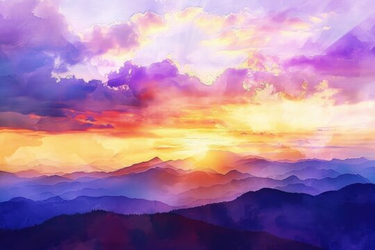 Watercolor sunset over mountains photography