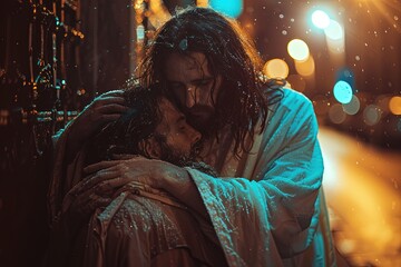 Jesus hugs a person.	 - obrazy, fototapety, plakaty