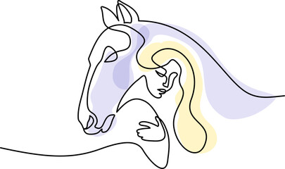 Horse and woman heads logo. Continuous one line drawing. - 759097241